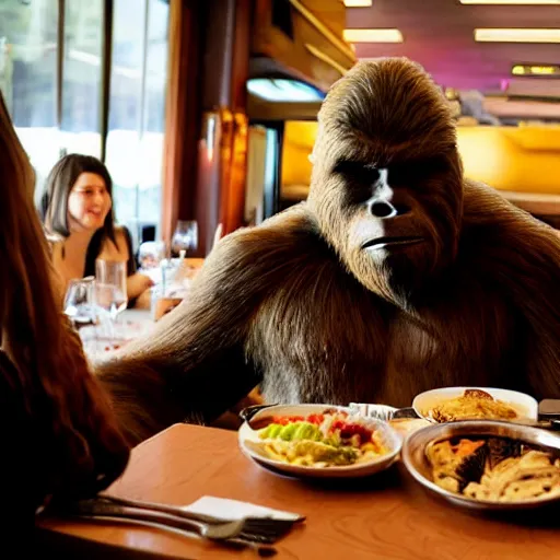 Prompt: photo of bigfoot having dinner in a restaurant