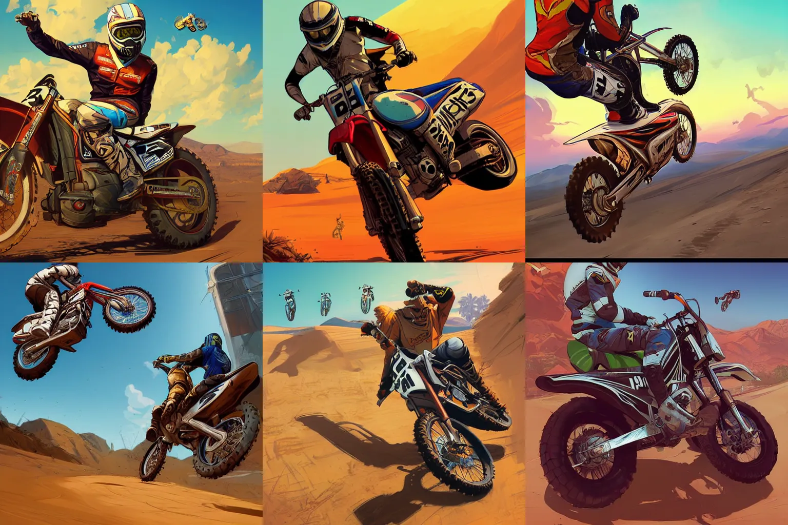 Prompt: motocross bike, gta 5 cover art, borderlands style, celshading, trending on artstation, by rhads, andreas rocha, makoto shinkai, laurie greasley and greg rutkowski