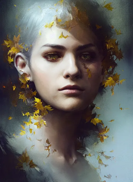 Image similar to golden leaves at frame border, creative composition for a book cover, moon, beautiful portrait painting by jeremy mann, a female witch absurdly beautiful, ultrafine hyperrealistic detailed face by wlop and artgerm and greg rutkowski, intricate linework, sharp focus, smooth, octopath traveler, final fantasy, unreal engine, dramatic lighting, ethereal, 8 k