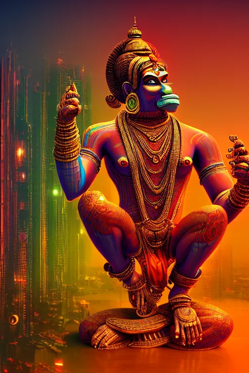 Image similar to high quality 3 d render colorful cyborg! hanuman sitting, gold madhubani, highly detailed, cyberpunk!! mumbai in the background, vray cinematic smooth, blade runner, moody light, low angle, uhd 8 k, sharp focus