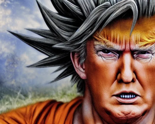 Prompt: award winning 5 5 mm close up face portrait photo of trump as songoku, in a park by luis royo. rule of thirds.