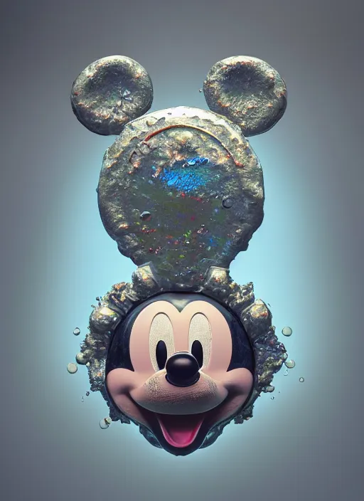 Image similar to mickey mouse head, fractal, broken, wet, mycelium, radiant alien, rococo, baroque, automotive, bio-mechanical, porcelain, iridescent sub surface scattering, octane render