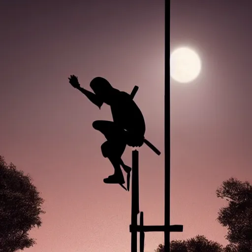 Image similar to silhouette of a ninja in squatting position, on top of a telephone pole, night time, huge full moon in background, art by Greg Rutkowski, cinematic lighting, sharp focus, octane render.