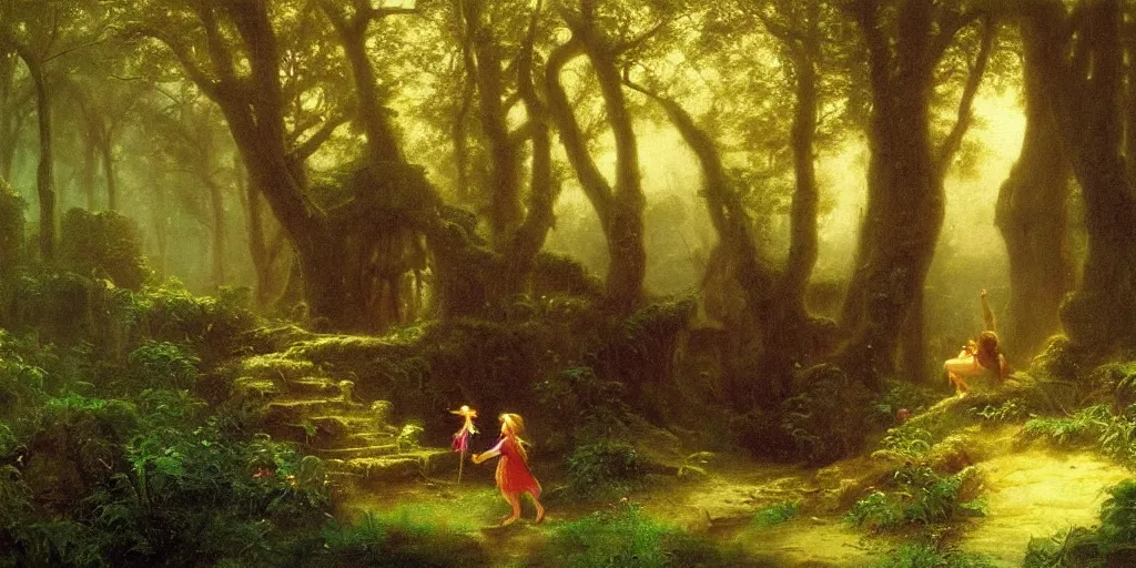 Prompt: close up of young link with fairy!!!! entering an old!!! forest temple!!! full of green trees and plants, under a gray foggy sky, oil painting by albert bierstadt