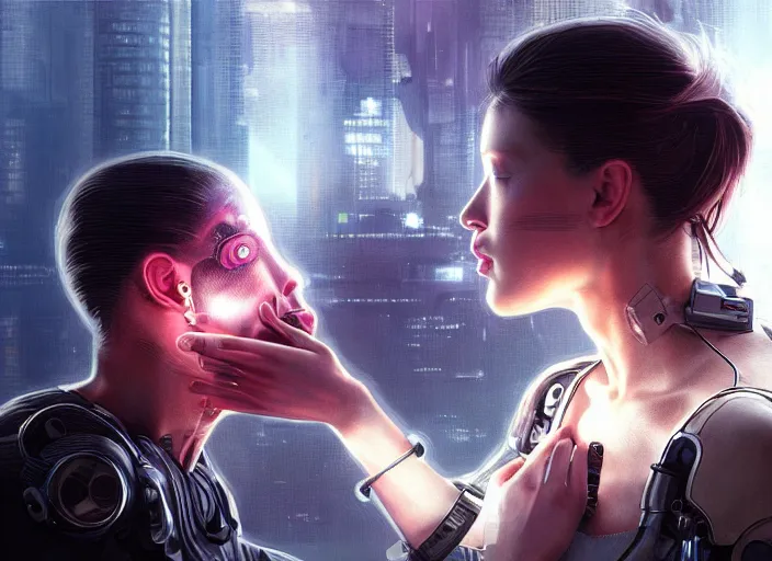 Image similar to ultra realistic medium shot of a couple of cyborgs kissing, lovers, cyberpunk, sci - fi, kodak, faces, colour led, soft light, volumetric lighting, fog, rays, night, station, intricate detailed, digital painting, concept art, smooth, sharp focus, illustration, art by artgerm and greg rutkowski and alphonse mucha