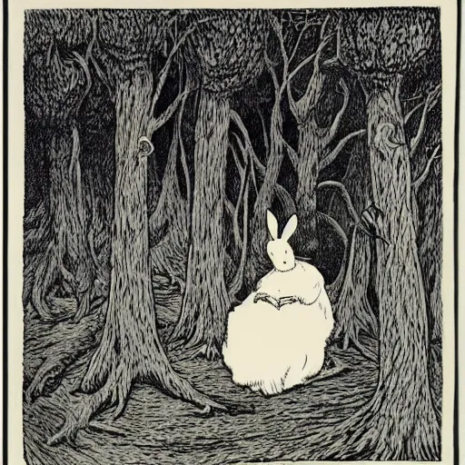 Image similar to a deep dark tangled forest, a white rabbit smoking a cigarette while reclining, a lingering smoke cloud, childrens illustration, by edward gorey, by gustav dore