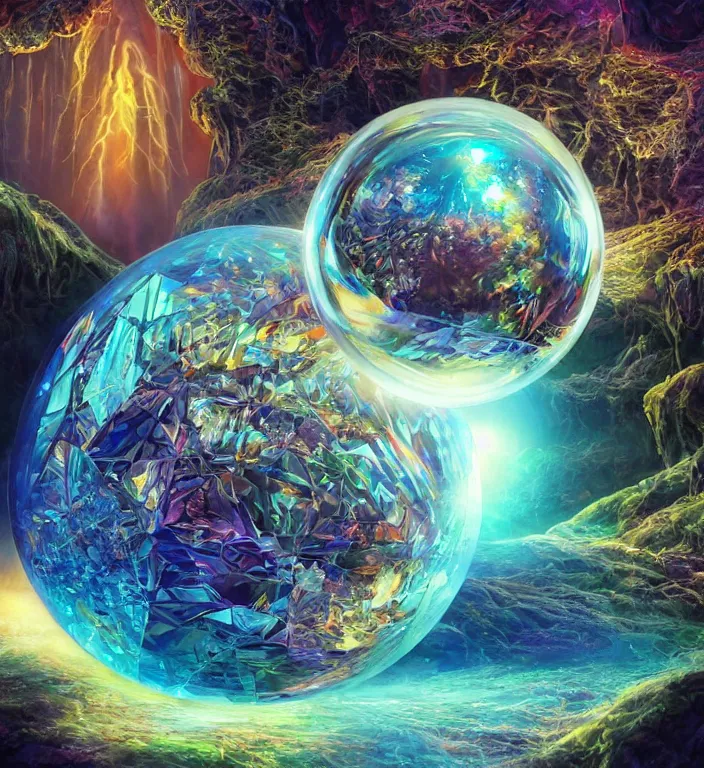 Prompt: a magical and exquisite fantasy illustration of an intricate and faceted crystal ball with a world inside of it + in water + prism + god rays + dramatic lightning + backlit + specular highlights + ambient occlusion + global illumination + bump map + reflective + caustics + refractive + unreal engine 5 + DOF + sharp focus, digital artwork by Dan Mumford + Peter Mohrbacher + Ash Thorp