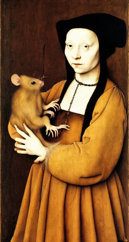 Image similar to painted portrait of a beautiful strange girl with a rat, 1 6 th century, hans holbein the younger, jan van eyck, gerit dou,