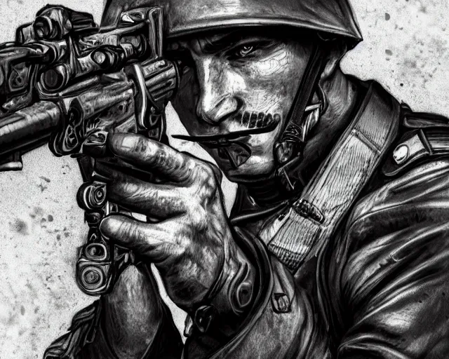 Image similar to A soldier aiming a gun, indifferent face, world war 1, close-up, realistic face, beautiful face detail, mature facial features, black and white, amazing digital art, hyper detailed, artstation, in the style of Tony Sart