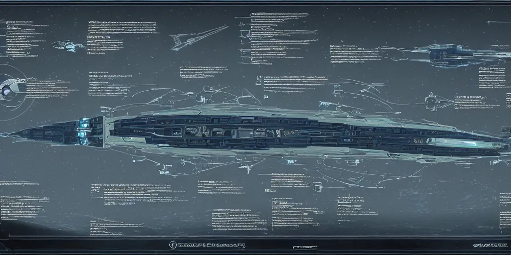 Image similar to detailed infographic blueprint of one messenger spaceship in the style of eve online by john howe