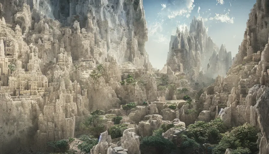 Image similar to a detailed digital painting of a biotech mystical arabic architecture of a city carved into a limestone cliff, by james jean, 1. 1 rule of thirds, ultrarealistic, dramatic lighting, landscape, beautiful, gorgeous, hyper detail, hd, octane render, unreal engine, cinematic, trending on artstation,