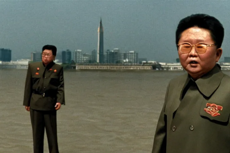 Image similar to a filmstill of Kim Jong-il looking at a giant starfish Kaiju monster destroying Pyongyang, in Stalker (1979) by Andreï Tarkovski, traditional Korean city, palace, epic ultrawide shot, cinémascope