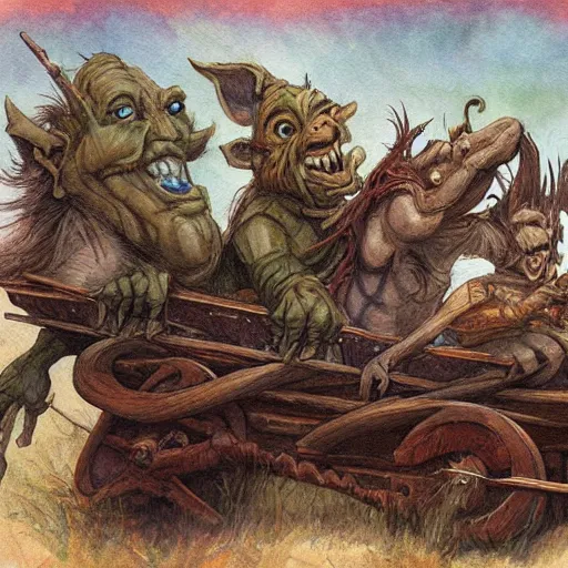 Image similar to painting of goblins riding in a slapdash wooden cart, fantasy art, magic : the gathering art, by diterlizzi