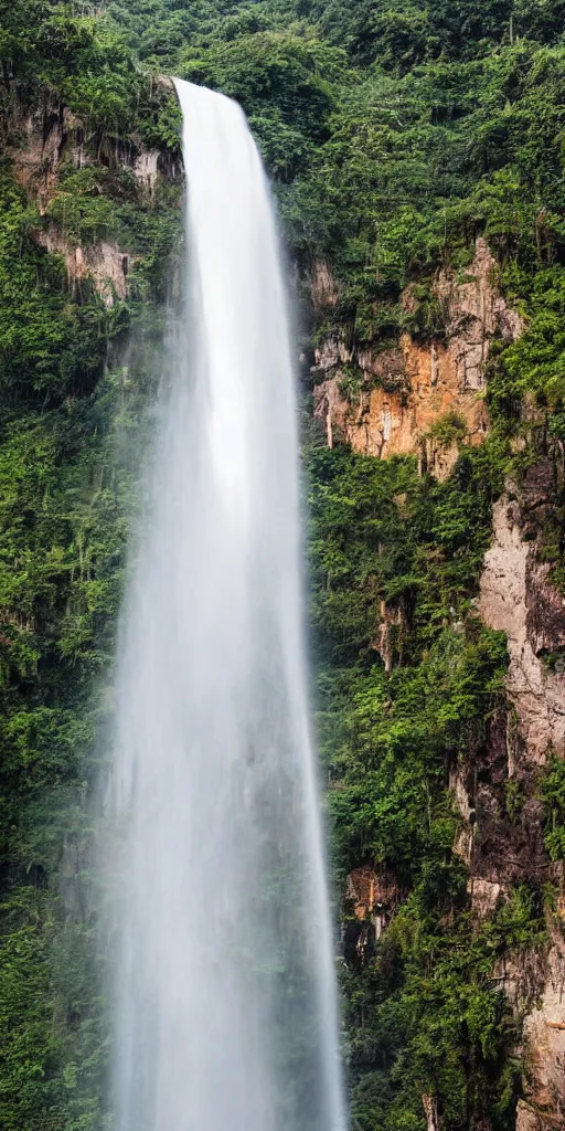 Prompt: A cloudy peak in southern China with one waterfall,one small rainbow in the middle of the waterfall. the style of National Geographic magazine