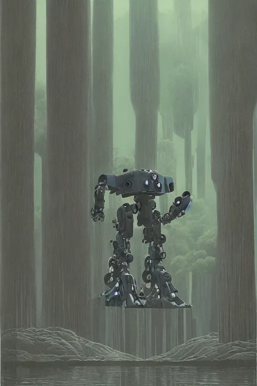 Image similar to giant mecha robot with laser, swamps landscape and pillars by helen lundeberg