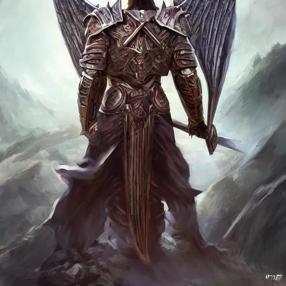 Prompt: male angel warrior priest in a standing pose on a hill, pristine armor and huge shield, vibrant big opened angel wings on her back, D&D, fantasy, highly detailed, digital art, trending on artstation, smooth, sharp focus, illustration, art by Peter Tang and artgem