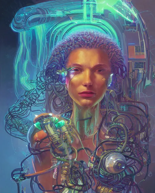 Prompt: a cyberpunk close up portrait of cyborg medusa, electricity, snakes in hair, sparks, bokeh, soft focus, by paul lehr, jesper ejsing