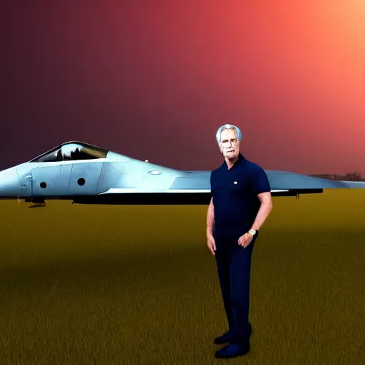 Image similar to aesthetic illustration of jeffrey epstein, wearing a dark blue polo shirt, standing near predator unmanned combat aircraft on an empty runway at dusk, cinematic lighting, high detail, volumetric lights, pinterest wallpaper, trending on artstation