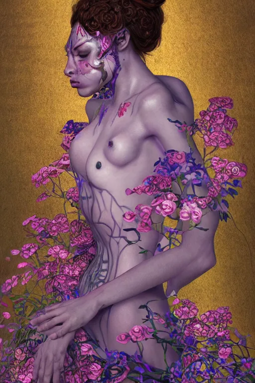 Image similar to portrait of beautiful young mainem, warhammer, cyber armor, a lot of more scars, more and more flowers, the middle ages, highly detailed, artstation, illustration, sylvari portrait, 8 k quality, art by gustav klimt