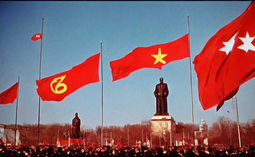 Image similar to 60s movie still of the great soviet's congress with CCCP flags and a statue of Lenin, by Irving Penn , cinestill 800t 10mm eastmancolor, heavy grainy picture, very detailed, high quality, 4k, HD criterion, precise texture