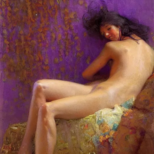 Prompt: a woman in a purple shirt with an emaciated body type, painting by Gaston Bussiere, Craig Mullins