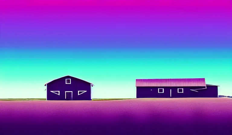 Prompt: a beautiful, sharp focus, and immaculate barn on the palouse. vaporwave ombre rendering. outrun style. trending on artstation. recommended for you behance. by chris moore. beeple colors. ambient occlusion. digital matte painting. metropolis filmic. gotham city. overcast.