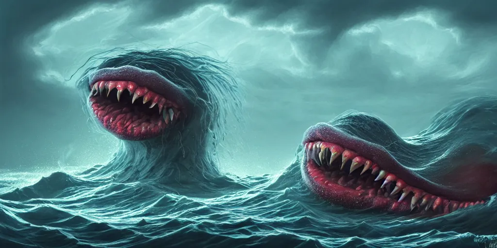 Prompt: of an intricate stormy ocean with large strange happy drunk creatures with big mouth, long tongue, weird nose, and square teeth appearing from the misty waters, in the style of antonio berni, macro lens, shallow depth of field, highly detailed, digital painting, trending artstation, concept art, illustration, cinematic lighting, vibrant colors, photorealism, epic, octane render