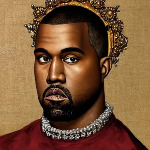 Image similar to a renaissance style portrait painting of kanye west wearing a crown