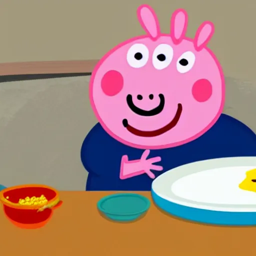 Prompt: peppa pig and George sitting at a table eating a plate full of bacon