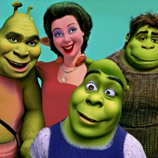 Prompt: shrek 1 9 8 0 s pop band, detailed facial expressions, surrealism aesthetic