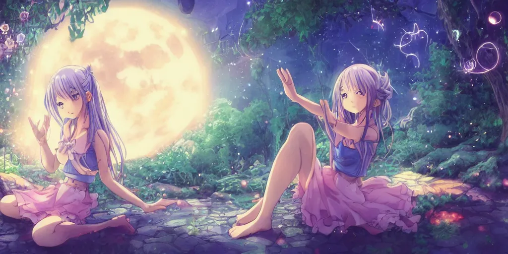 Image similar to anime key visual of a pretty girl with blue flowing hair, wearing a short skirt and a crop top, meditating in a magical fantasy garden at night, moonlight, fireflies glowing, lofi feel, magical, highly detailed, digital art, artstation, smooth, hard focus, illustration, art by artgerm - in the style of final fantasy and studio ghibli