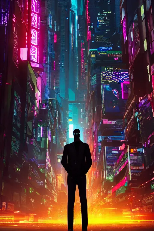 Image similar to portrait of a beautiful cyberpunk man standing in front of a cyberpunk city.