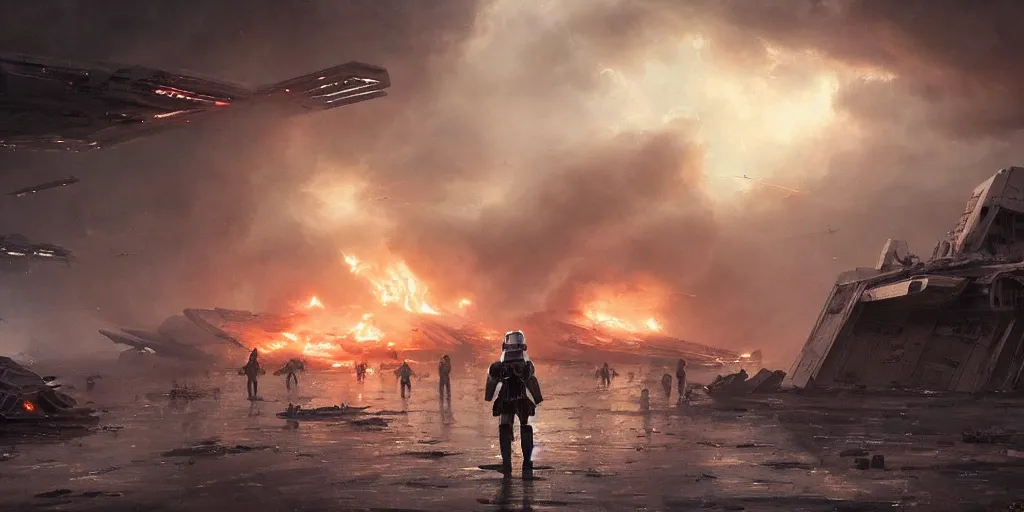 Image similar to a painting of a cinematic keyframe of a storm trooper walking into a destroyed star destroyer starship, with fire and smoke by greg rutkowski, rule of thirds, golden ratio, ambient lighting, wlop, artgerm, artstation, highly detailed masterpiece, dark fantasy art, high detail, trending on artstation