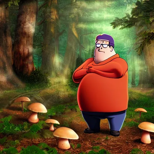 Prompt: peter griffin picking mushrooms in a magical forest, photo realistic