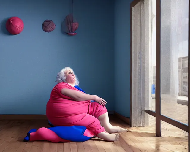 Image similar to an innocent and beautiful scene in hyper realistic style, about an fat old woman, wearing a luxurious jumpsuit, and painting a huge colorful fish on the wall, lighting from the barred window. shadows. 4 k. wide angle. wild. red mouth, blue eyes. deep focus, lovely scene. ambient occlusion render. unreal engine.