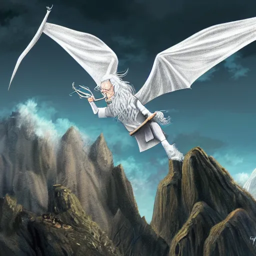 Image similar to gandalf, flying on dragon, highly detailed, digital art,