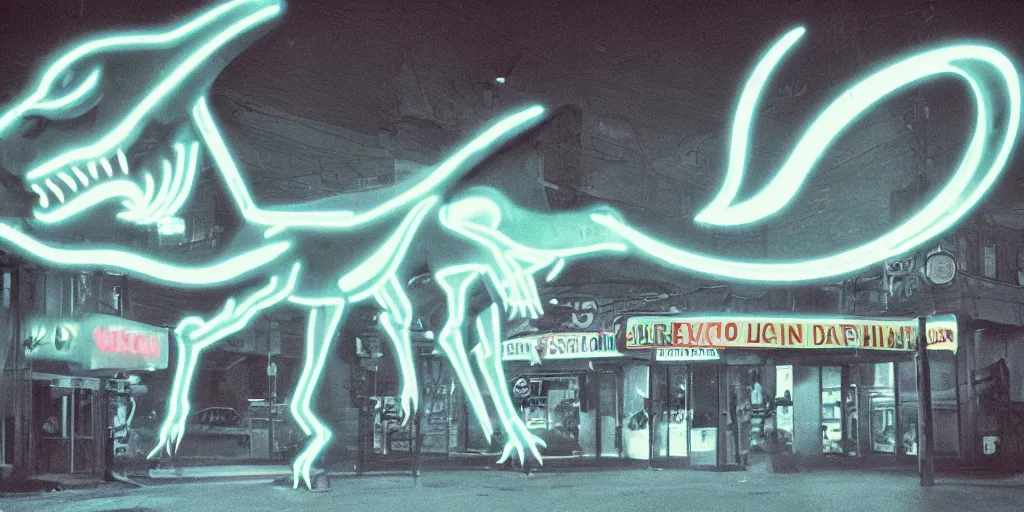 Image similar to screaming dinosaur made of neon light, 1 9 7 0 s street, neon lights, ektachrome photograph, volumetric lighting, f 8 aperture, cinematic eastman 5 3 8 4 film