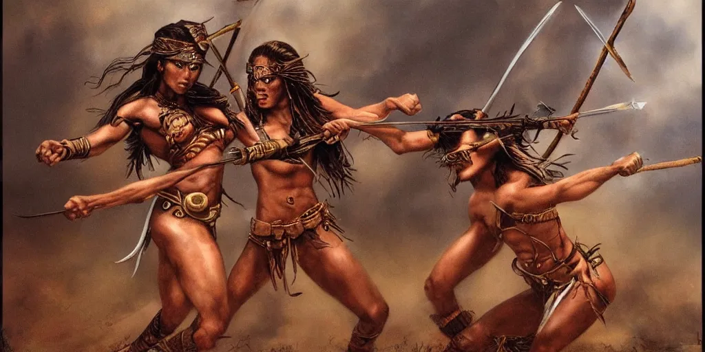 Prompt: powerful beautiful aztec and Amazonian warrior females fight, bow, flying arrows, spear, epic camera, vintage, Boris vallejo, sepia, apocalypto