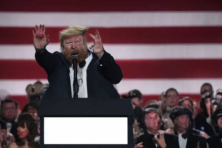 Image similar to vfx movie angry yelling pigman president of the united states speaking at podium on stage. by emmanuel lubezki