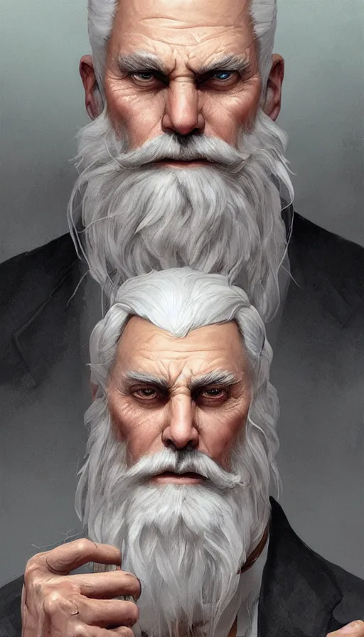 Image similar to mayor, sweaty, white hair and beard, insane, intricate, highly detailed, digital painting, artstation, concept art, smooth, sharp focus, illustration, Unreal Engine 5, 8K, art by artgerm and greg rutkowski and alphonse mucha