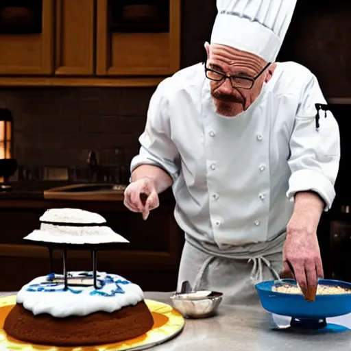 Image similar to walter white cooking a cake with chef hat