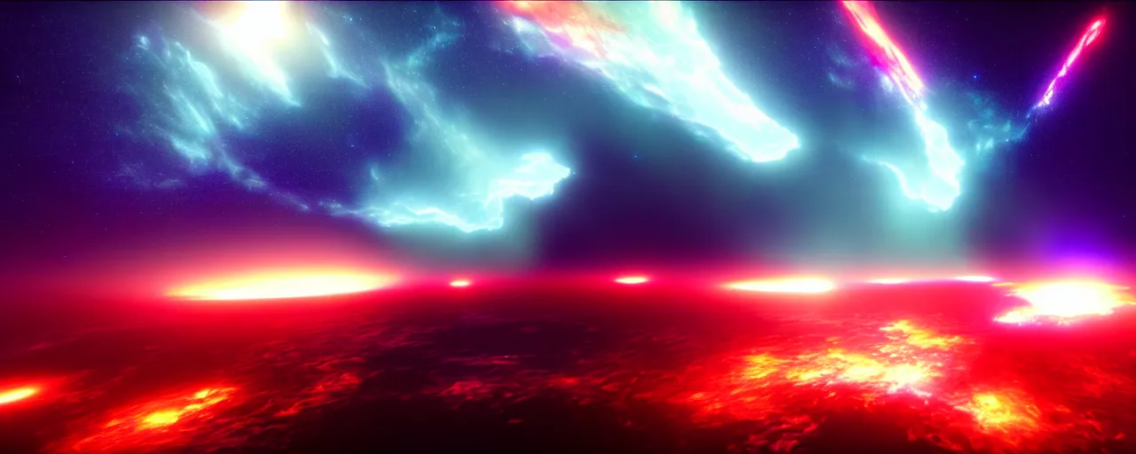 Image similar to cinematic render of beautiful atmospheric space, nebula, homeworld skies, volumetric lighting, fog, smoke, colour harmony