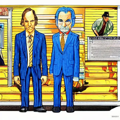 Image similar to The Artwork of R. Crumb and his Cheap Suit Saul-Goodman-Better-Call-Saul, pencil and colored marker artwork, trailer-trash lifestyle