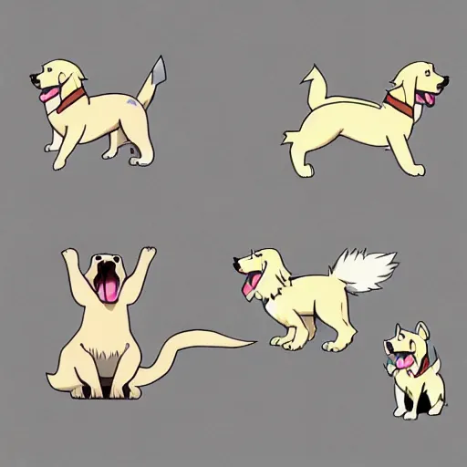 Image similar to golden retriever high fiving 3 gray and white cats in pokemon art style