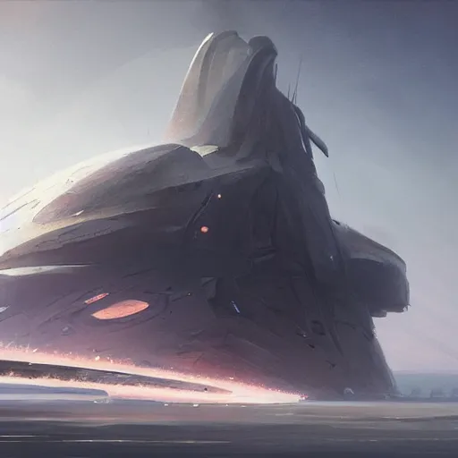 Image similar to concept art of a large space vessel in the shape of an spear by greg rutkowski