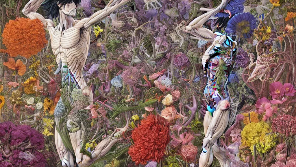 Image similar to highly detailed illustration of a human anatomy body exploded by all the known species of flowers by juan gatti, by makoto shinkai, by moebius!, by oliver vernon, by joseph moncada, by damon soule, by manabu ikeda, by kyle hotz, by dan mumford, by kilian eng