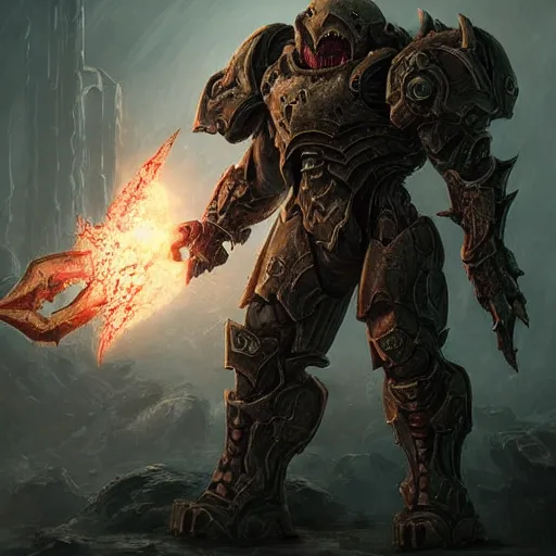 Image similar to fantasy art of doom slayer, intricate, smooth detailed, marine armor, cgsociety, doom hell theme