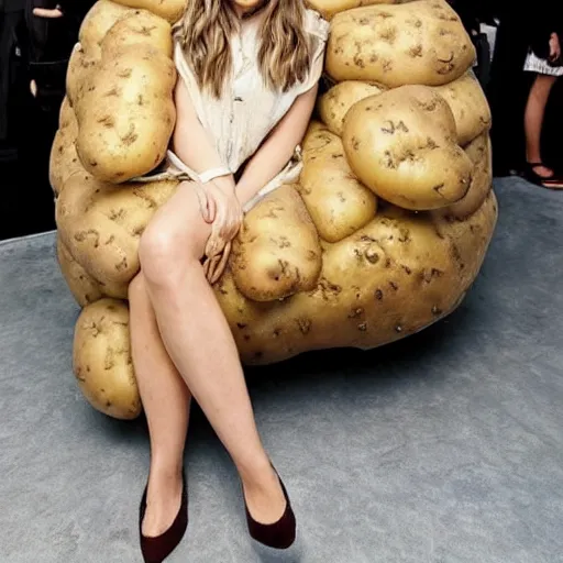 Image similar to elizabeth olsen sitting in a hollowed out potato, elizabeth olsen in a potato suit, on the walkway