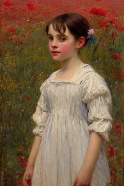 Image similar to Solomon Joseph Solomon and Richard Schmid and Jeremy Lipking victorian genre painting portrait painting of a young cottagecore girl in an open field of flowers, red background