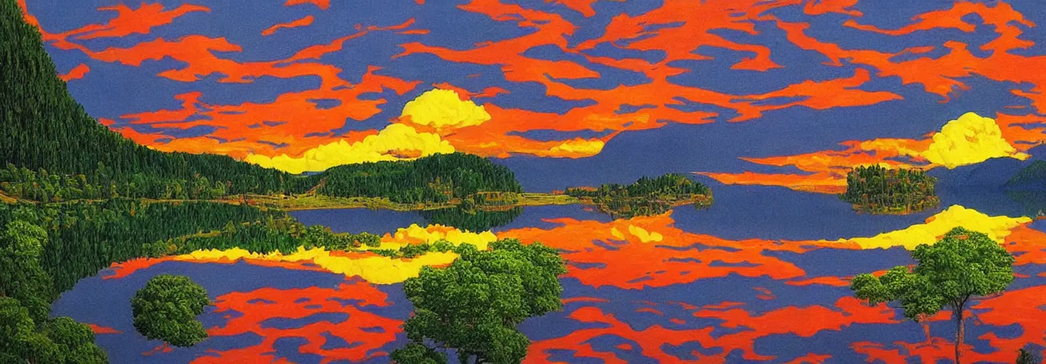 Image similar to escher painting of a lake, big trees reflecting on lake surface, mountains at background, fluffy clouds, sunset, yellow, green, red, snowy, ultra sharp, ultra detailed, cyberpunk, happy, uplifting, colorized by salvador